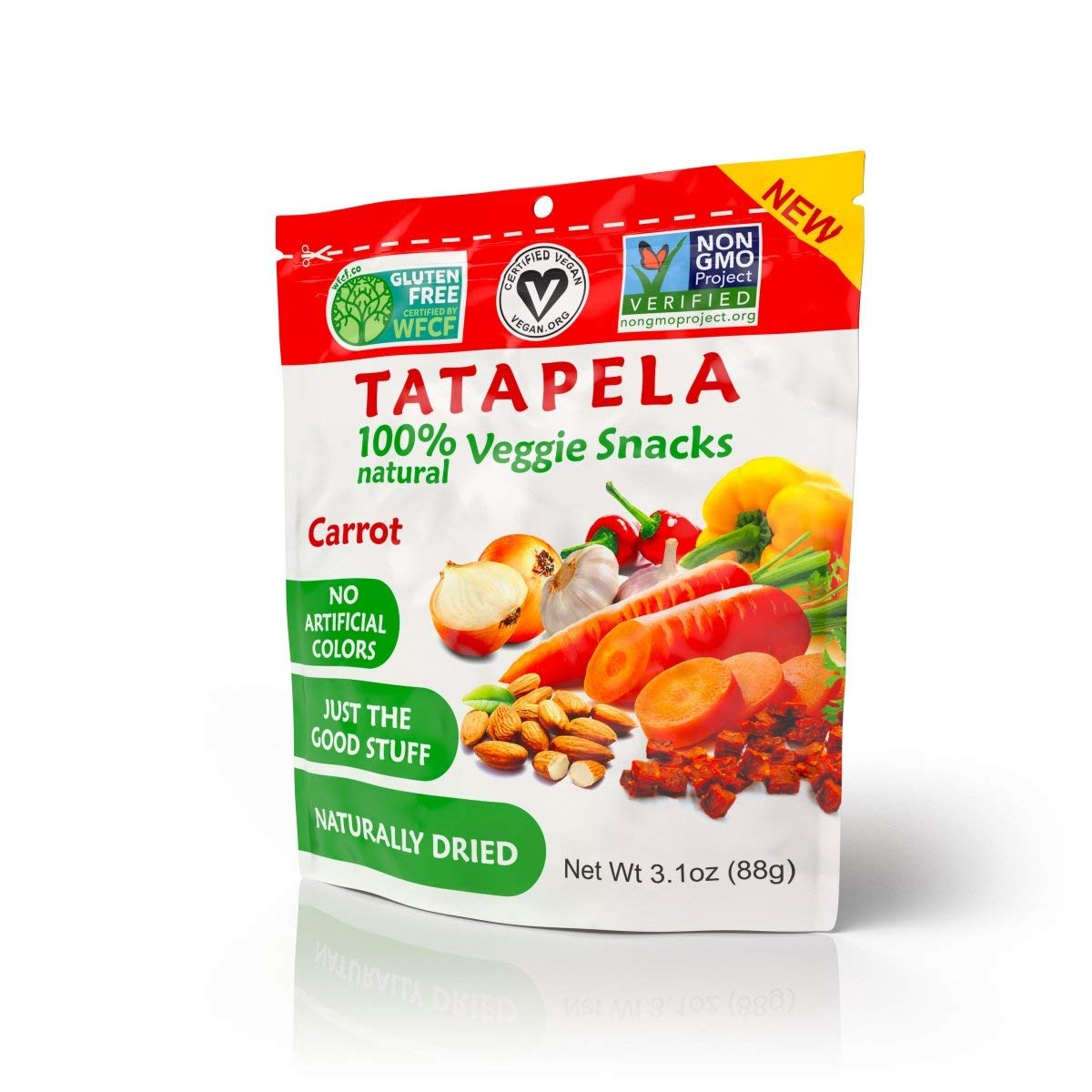 Tatapela 100% Natural Healthy Veggie Snacks, Carrot Almond, Naturally Dried Slightly Hard Chewy Bites, No Artificial Colors, Flavors or Preservatives, Non-GMO, Vegan, Gluten-Free, Made In USA, 3.1 oz.