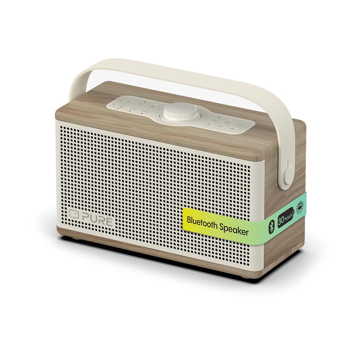Pure Classic Aura Bluetooth-Lautsprecher 40 Watt, 30h Akku, Licht, USB-C, AUX, IPX2, 2-Wege-Stereo, EQ-Modi, Bluetooth 5.3 – Baumwollweiß mit Eiche, Holzoptik