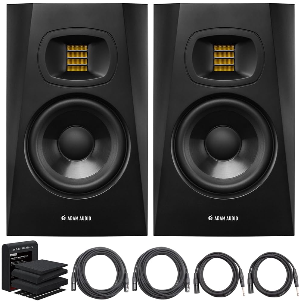 T5V 5-inch Studio Monitor, Black (Pair) AMS-T5V Bundle with Focusound 2 Pack Isolation Pads High Density Acous, 2X OnStage 25ft XLR Cable + 2X 10ft Balanced XLR to TRS Cable