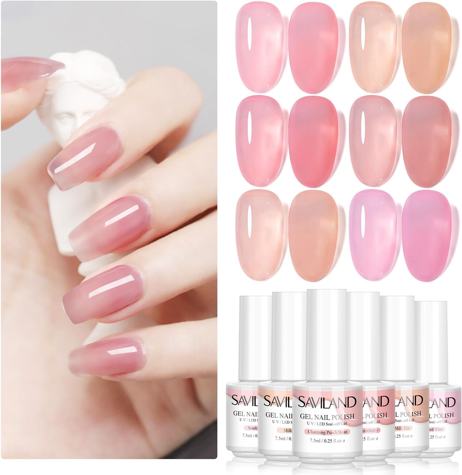 SavilandJelly Gel Nail Polish, Sheer Milky Pink Nudes Gel Polish Kit U V LED Gel Polish Varnish Nail Art DIY Salon 6Pcs 7.5ML / 0.25FL oz Gift Set