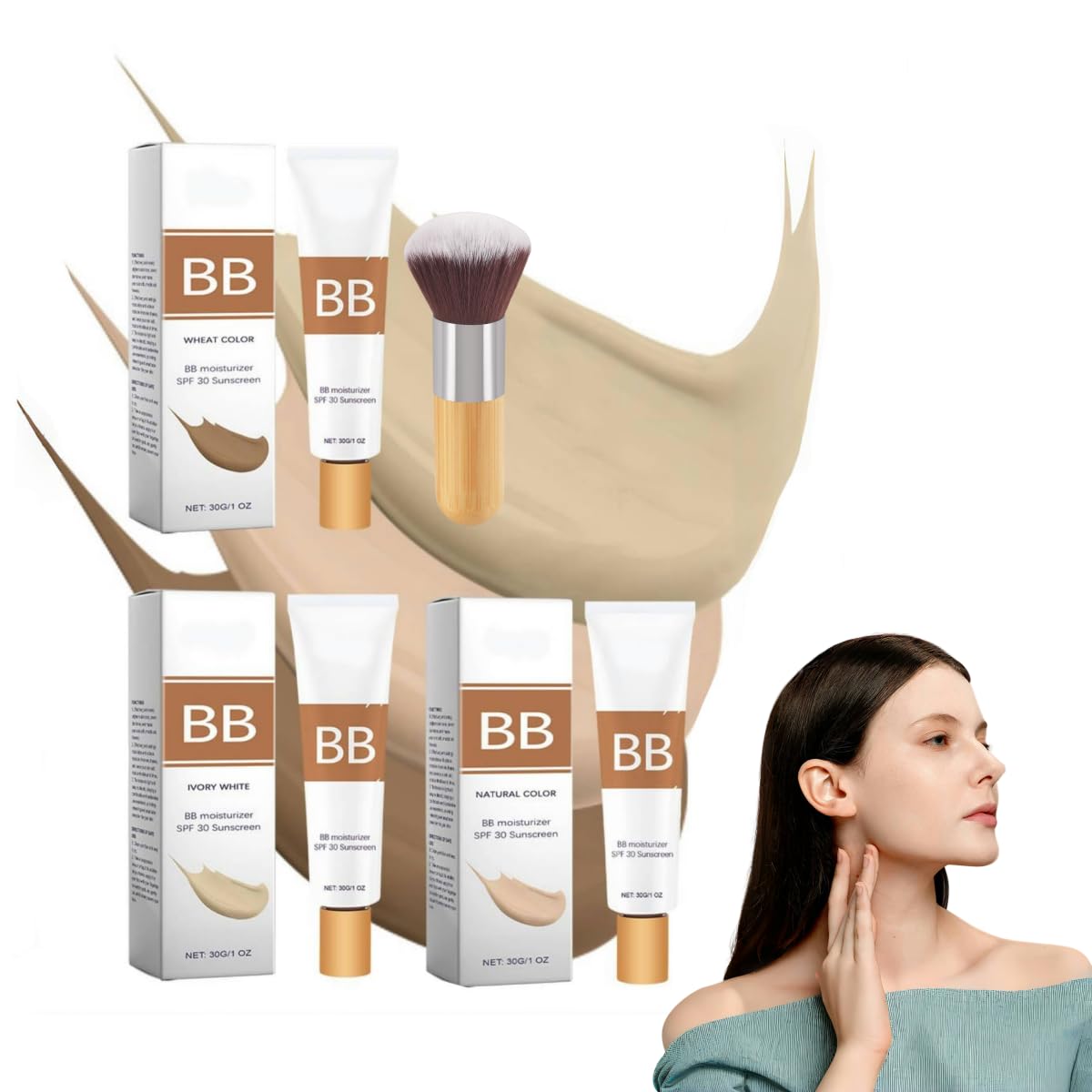 BB Blur Tinted Moisturizer Spf 30, BB Blur Tinted Moisturizer Broad Spectrum Spf 30, BB Cream Tinted Moisturizer with Brush Full Coverage Matte Moisturizer for All Skin Types (Natural Color, One Size)