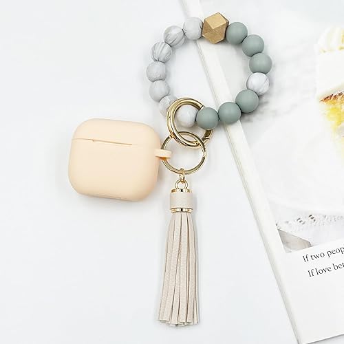 Miniatura 6 de Funda para AirPods 3, funda de silicona suave para AirPods de 3 generación con llavero y pulsera con llavero de Apple para mujeres y niñas (té con