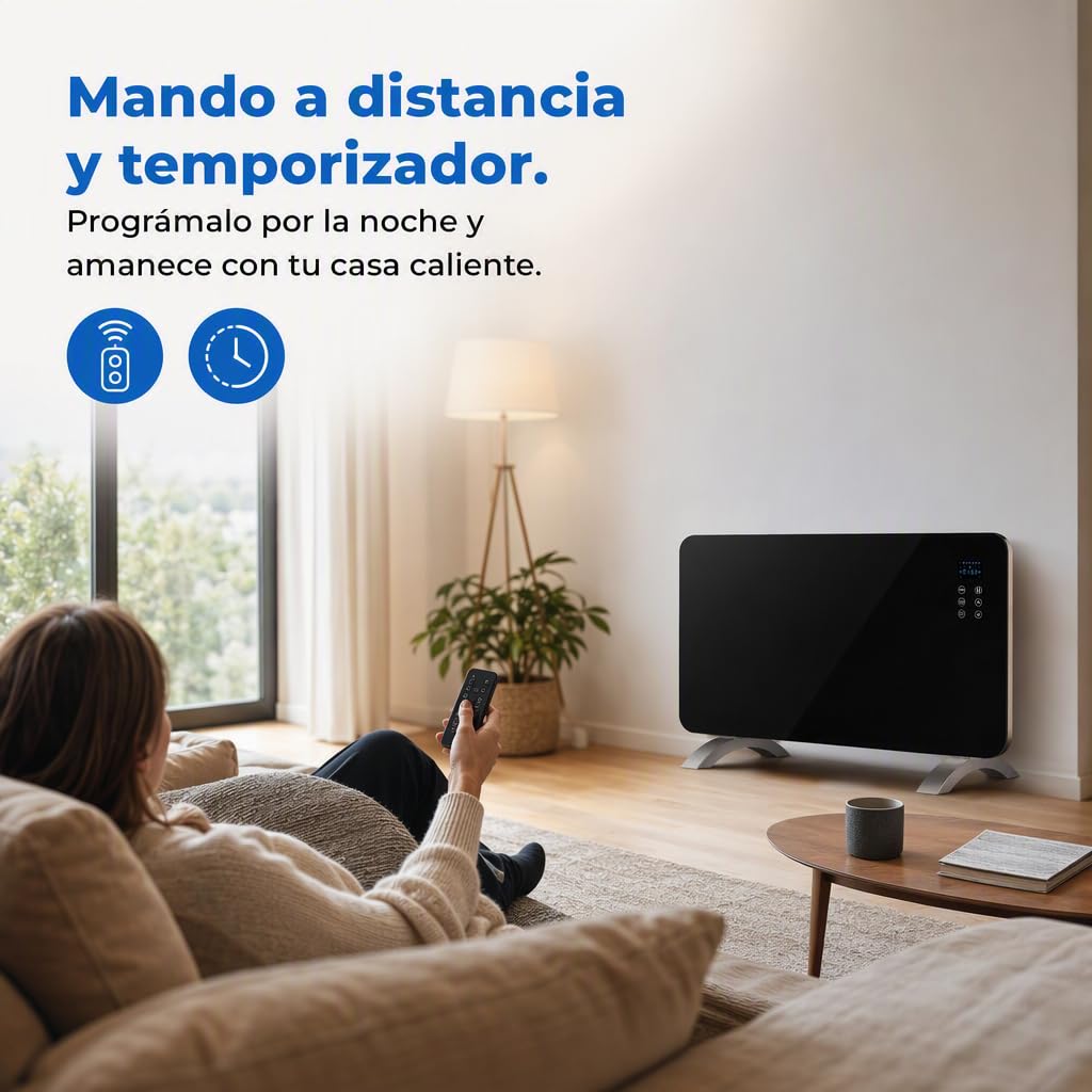 Emisor Térmico de Cristal 2000W, 2 Potencias, IP24, Temporizador, Negro