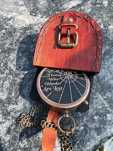 Brújula de latón grabada con estuche de cuero - Brújula de bolsillo de latón miniatura 2