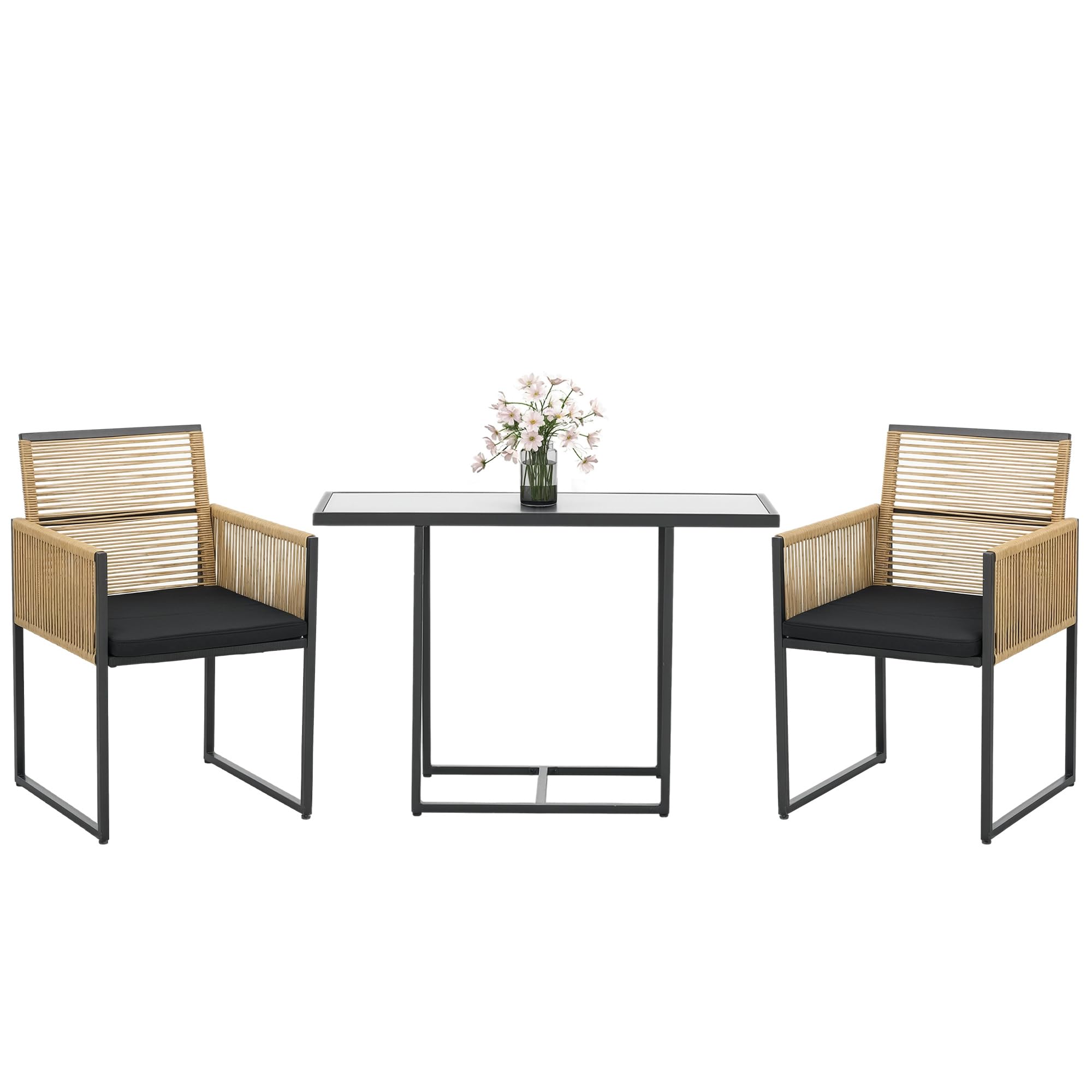 Outsunny Conjunto de Muebles de Jardín 3 Piezas Diseño Anidado Juego de Sillas y Mesa de Ratán con Respaldo Plegable Cojines y Mesa con Tablero de Vidrio Templado para Patio Terraza Natural y Negro