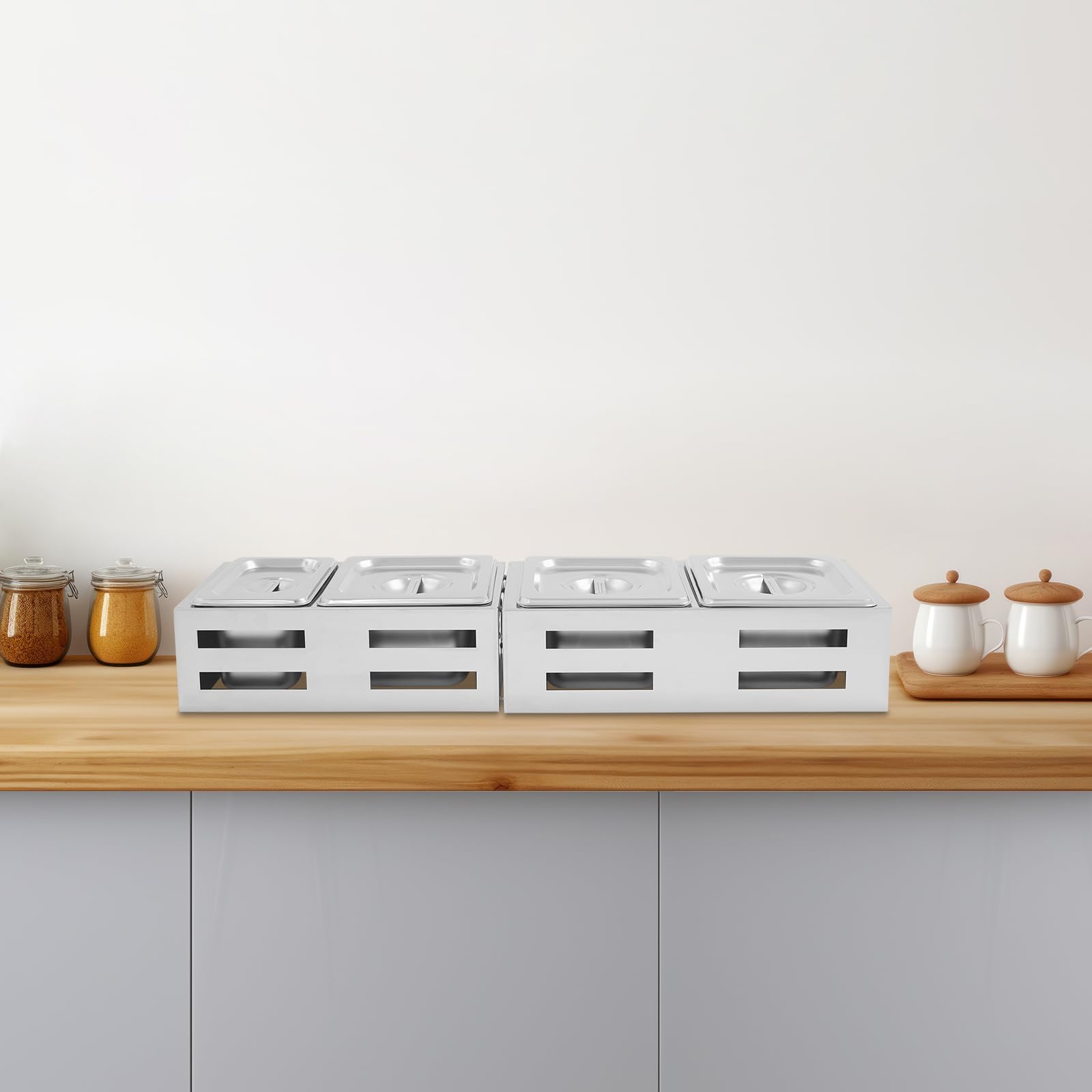 Contenitore per spezie in acciaio inox, da cucina, per spezie, da cucina, con 4 scomparti e 2 supporti per cucina, ristorante, buffet