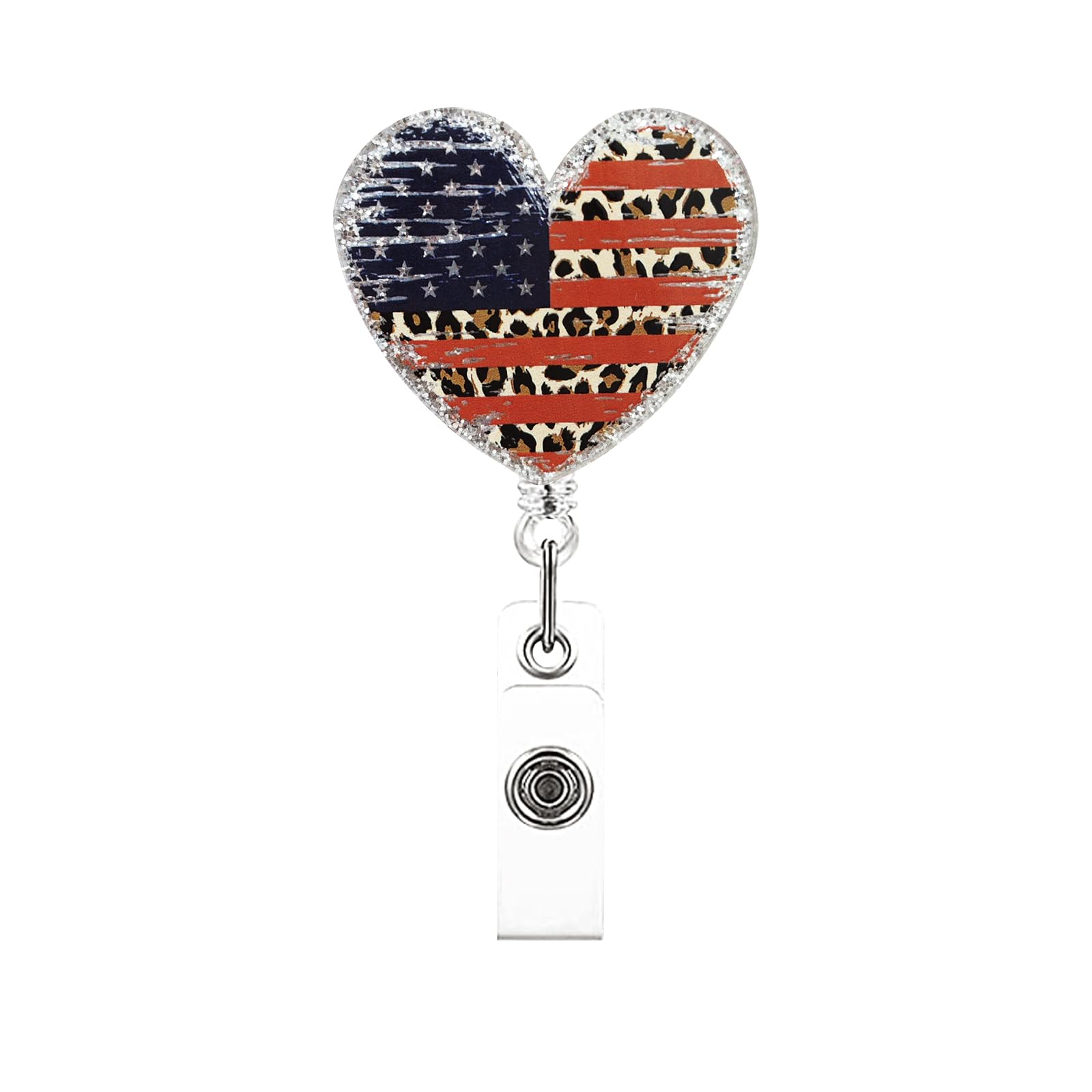 Independence Day Badge Reel Heart America Flag Badge Holder for Nurse Doctor 4th of July Retractable Badge Clip Leopard Print Sliver Glitter Acrylic