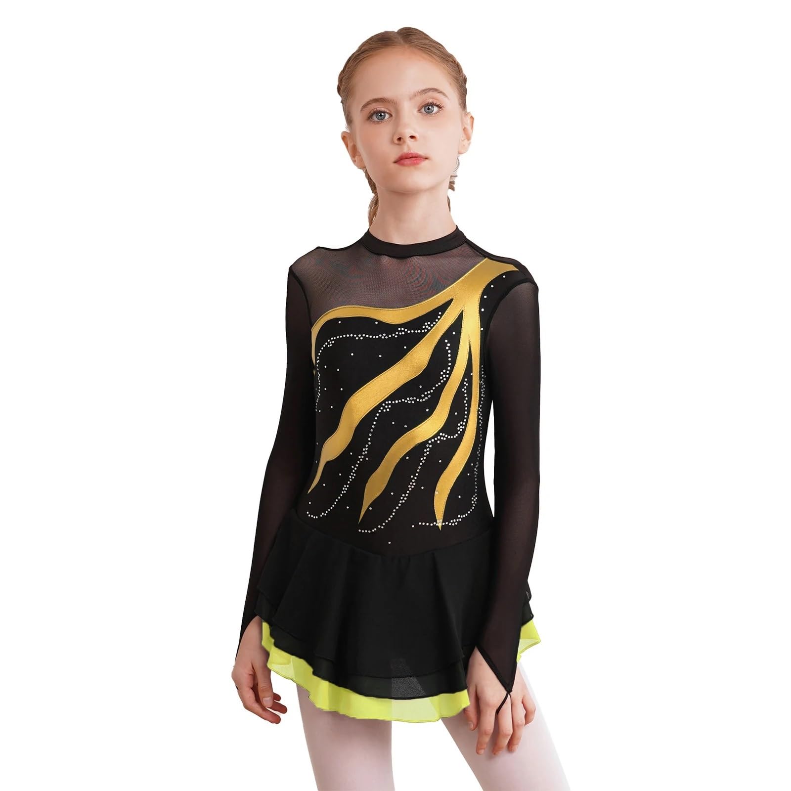 Kinder Mädchen Langarm Strass Eiskunstlaufkleid Patchwork Ballett Gymnastik Performance Kleidung