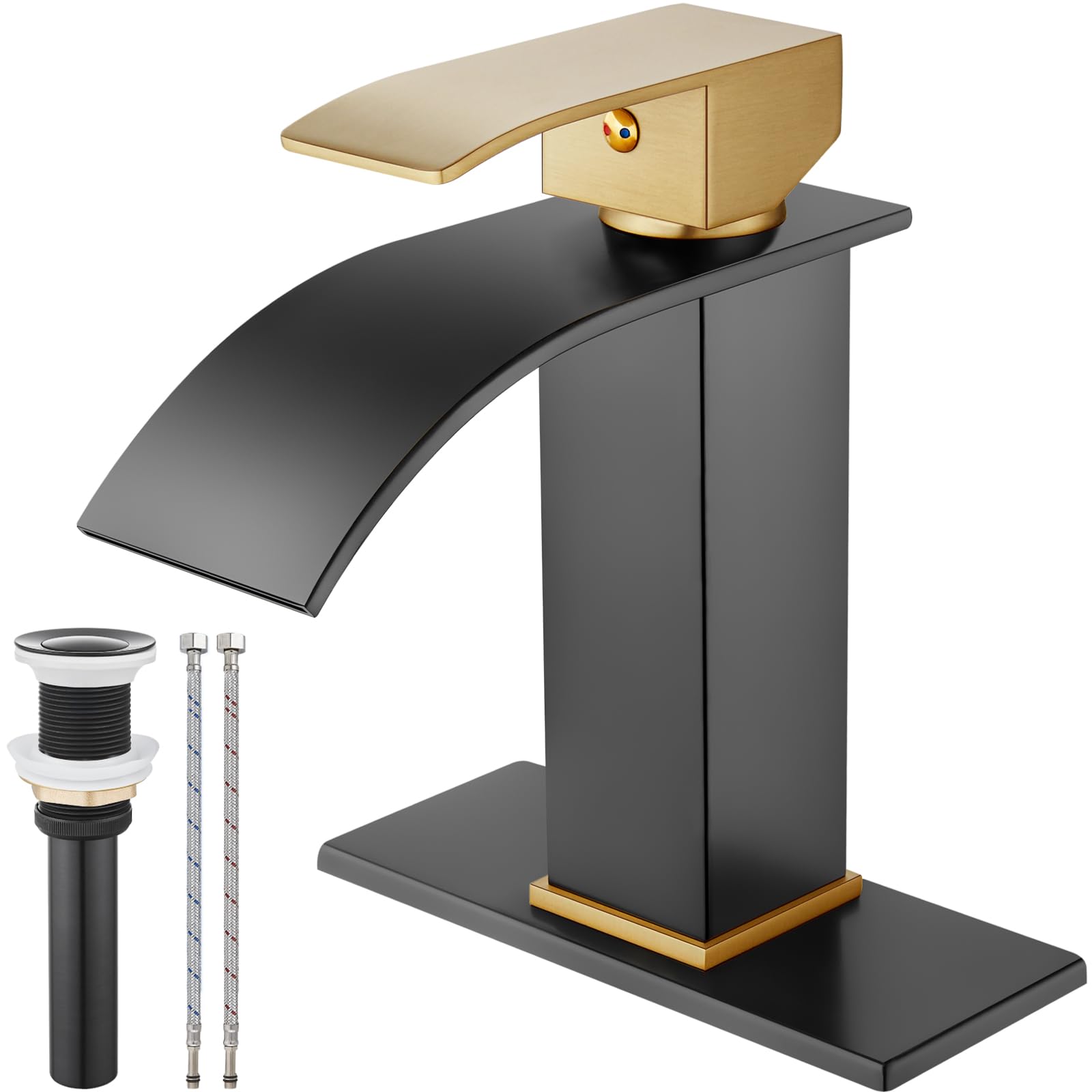 Midanya Bathroom Sink Faucet Waterfall Spout Single Handle 1 Hole Deck Mount Mixer Tap Lavatory Vanity Faucet Commercial with Pop Up Drain,Short,Brushed Gold Handle and Matte Black