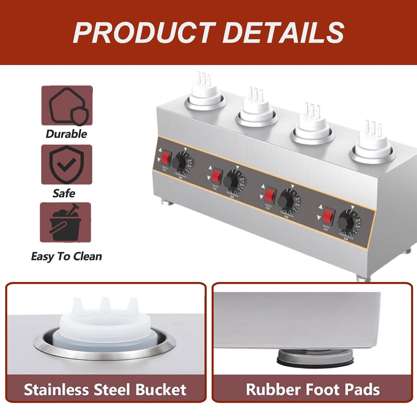 Calentador Comercial De Chocolates, Calentador Eléctrico De Botellas para Salsa De Chocolate Caliente, Dispensador De Queso para Nachos, 650-2600ml, Temperatura Ajustable 30-85℃ / 86-185℉ 3网格