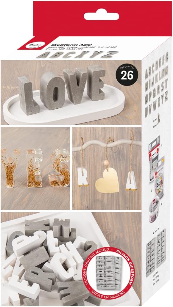 RayherSilicone Mould ABC, 2-Piece Casting Mould with 26 Letters A-Z, for Pouring with Creative Concrete, Art Resin Casting Resin, Raysin Casting Powder, Grey, Box