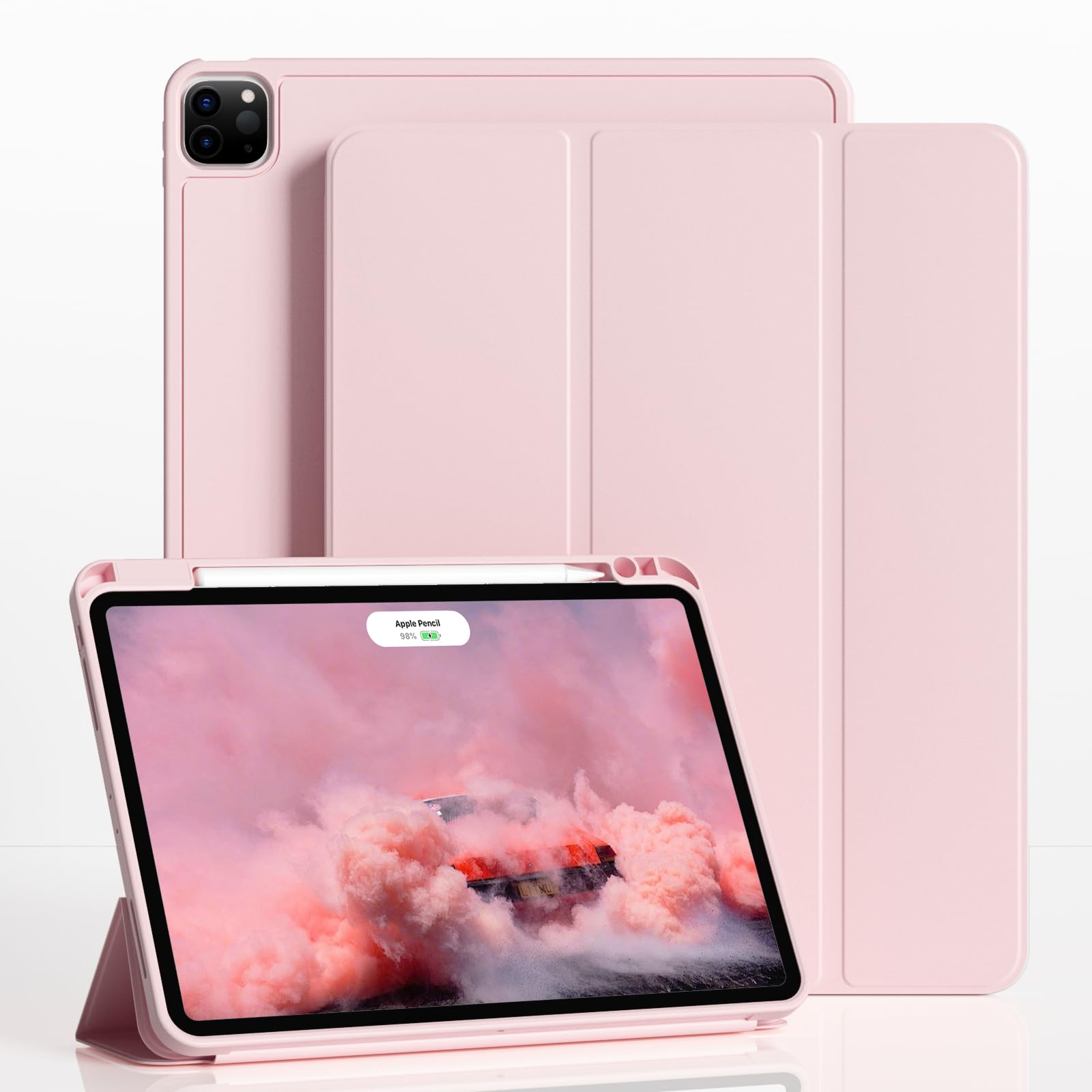 ZKTUYU Hülle für iPad Pro 11 4./ 3./ 2./1. Generation 2022/2021/2020/2018, Hülle für iPad Pro 11 mit Stifthalter, Kann Pencil 2 Aufladen, Weiche Silikonhülle, Auto Schlafen/Wachen, Rosa