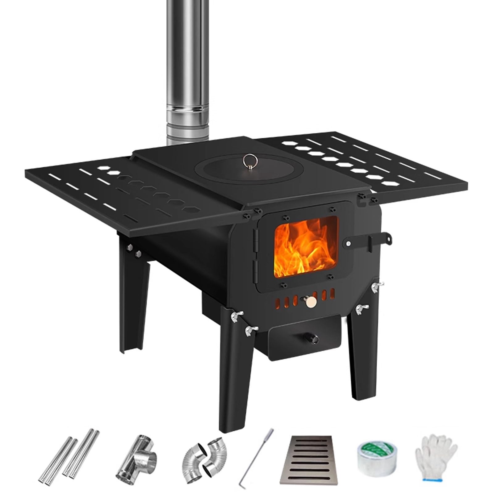 Stufa A Pellet Braciere Da Esterno Con Gancio for Il Fuoco, Canna Fumaria Da 400 Cm Finestra Di Controllo Fuoco Telaio Di Supporto Rimovibile Cucine Da Campeggio(30 * 40 * 50cm)