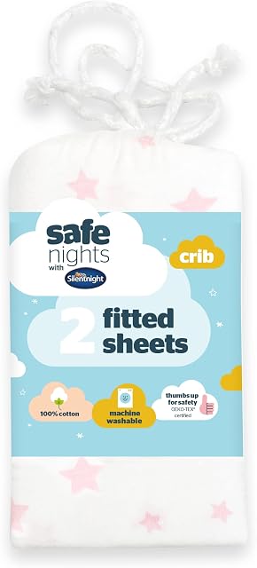 Silentnight Safe Nights Crib Size Fitted Sheets Set 100 Pour cent Jersey Cotton Bedside Compatible Pack of Two Pink Star Easy Care Super Soft Cuddly for Baby with Storage Bag (40 cm x 90 cm x 11 cm)