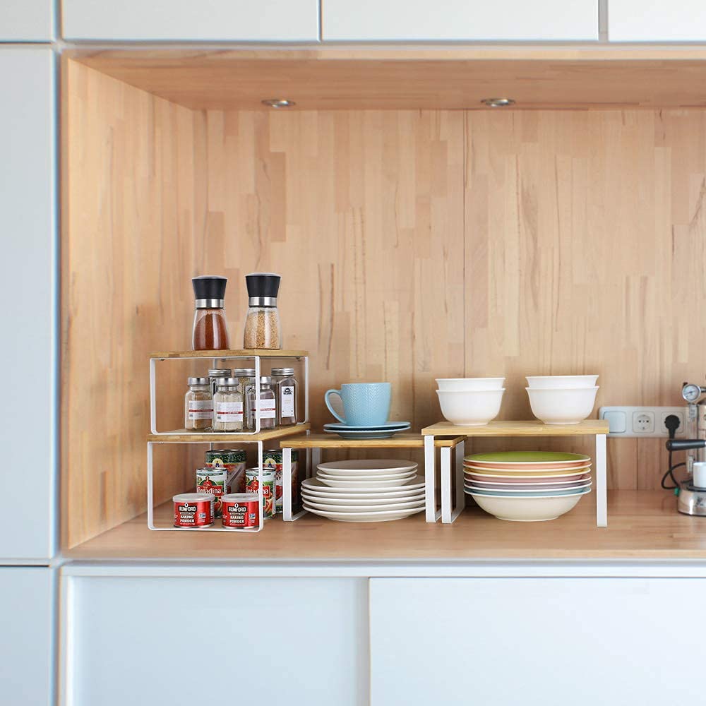 Vrisa Kitchen Cabinet Organizer Stackable Spice Rack Shelves for Cabinet Expandable Pantry Shelves Organizer Set of 4 Bamboo