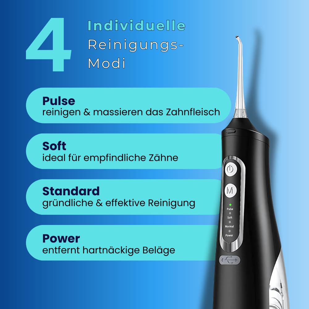 Irrigador dental DM14 – Irrigador de agua inalámbrico con 4 modos y 4 accesorios, irrigador dental para limpieza dental, IPX7 resistente al agua, 310 ml de volumen del depósito (Edition Black)
