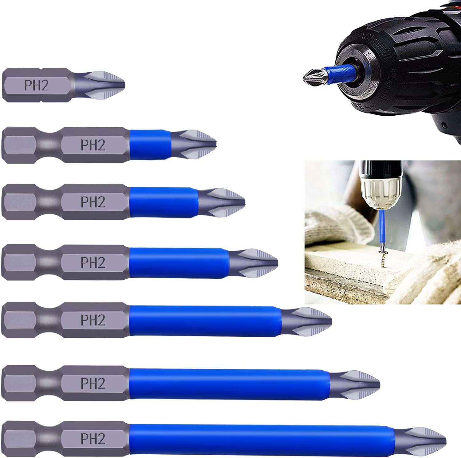 Magnetic Anti-slip Drill Bit, PH2 Bits Set, Anti Slip Screw Extractor and Magnetic Screwdriver Bit Set, Hand Tool 7Pcs, Cross Single and Double Head Bits, Electric Screw Nozzle Taper Corrector (1 kit) - - 