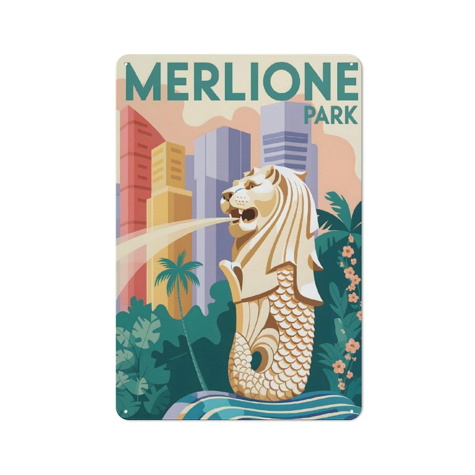 Junmoney Style-3 Merlione Park Singapore Travel Vintage Metal Plaque 30X20cm For Living Room Wall, Suited To Living Room Decor Lovers