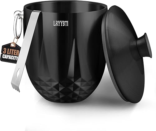 Cubos de hielo de 3L para fiestas y bar de cócteles con tapa de acero inoxidable, pinzas y colador (negro) Cubo de hielo de metal aislado de doble