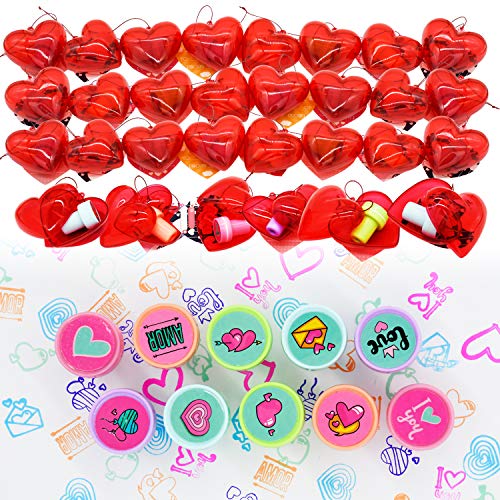 Kissdream 30 Packs Kids Valentine Party Favors Set with 30 Valentine's day style Stampers Filled Hearts and Valentine Cards for Kids Valentine Classroom Exchange, Kids Stampers for Kids Valentine, Gift Exchange & Game Prizes(1.3in)