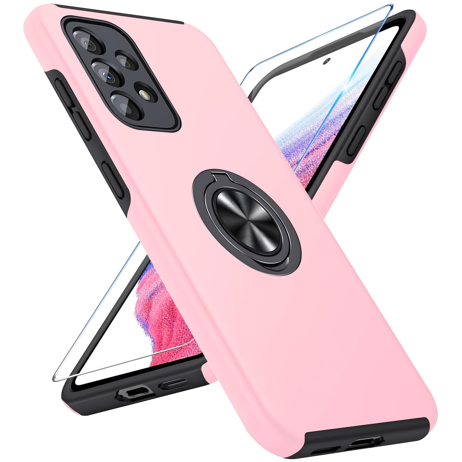 Vaki Handyhülle für Samsung Galaxy A53 5G Hülle mit Schutzfolie, Schutzhülle Galaxy A53 5G Case mit 360° Magnetischer Ring Ständer Kratzfest Fallfestigkeit Stoßfest für Samsung A53 Cover (Rosa)