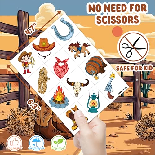 Image of 96 PCS Pre-Cut Cowboy Temporary Tattoos for Kids Birthday Party Favors | Super Cute Western Rodeo Horse Themed Supplies, Decorations, Fake Tattoo Stickers for Boys