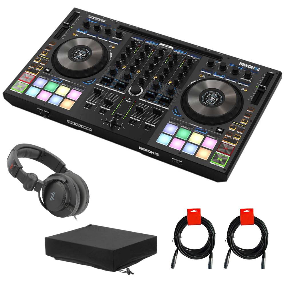 Reloop MIXON 8 Pro DJ Controller for Serato DJ and Algoriddim djay Software Bundle with Gator GMC-2222 Mixer Dust Cover, Polsen Studio Headphones, and 2x XLR-XLR Cable