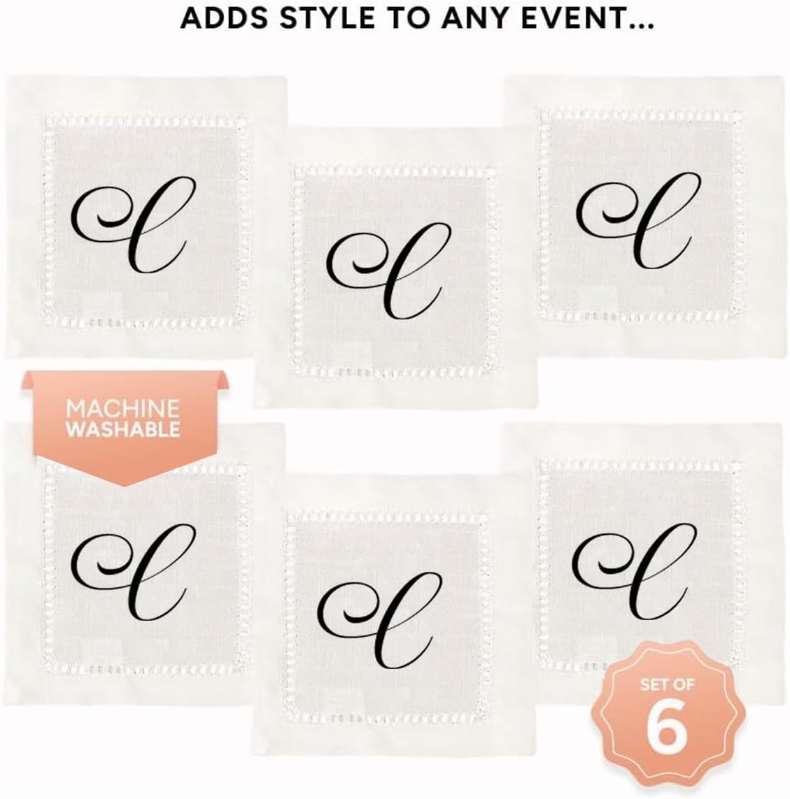 Jolitee Decorative Hemstitch Cocktail Napkins with Printed Initials C – 6"x6" Linen-Like Washable Fabric – Handmade Cloth Napkins for Entertaining, Parties, and Everyday Use