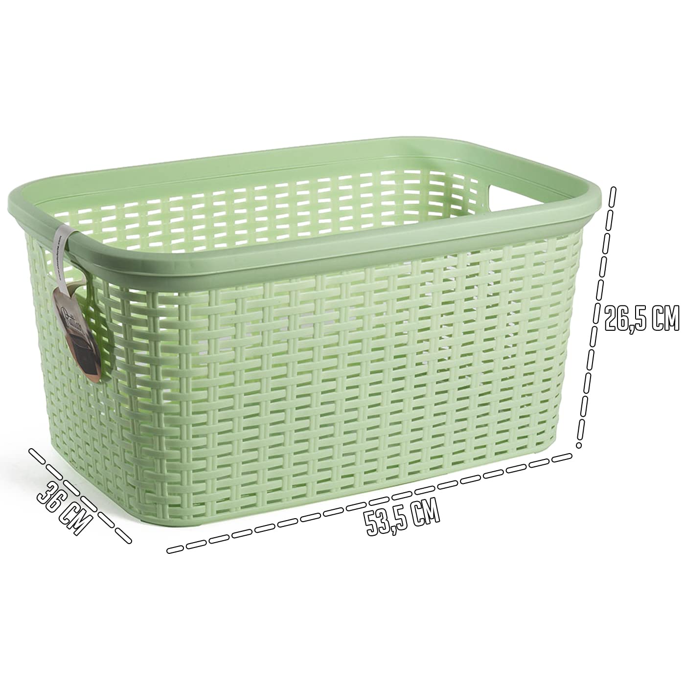 Cesta Colada Rectangular de Plástico 35 Litros Mimbre 53,5 x 36 x 26,5 cm Verde Pastel Fabricado en España