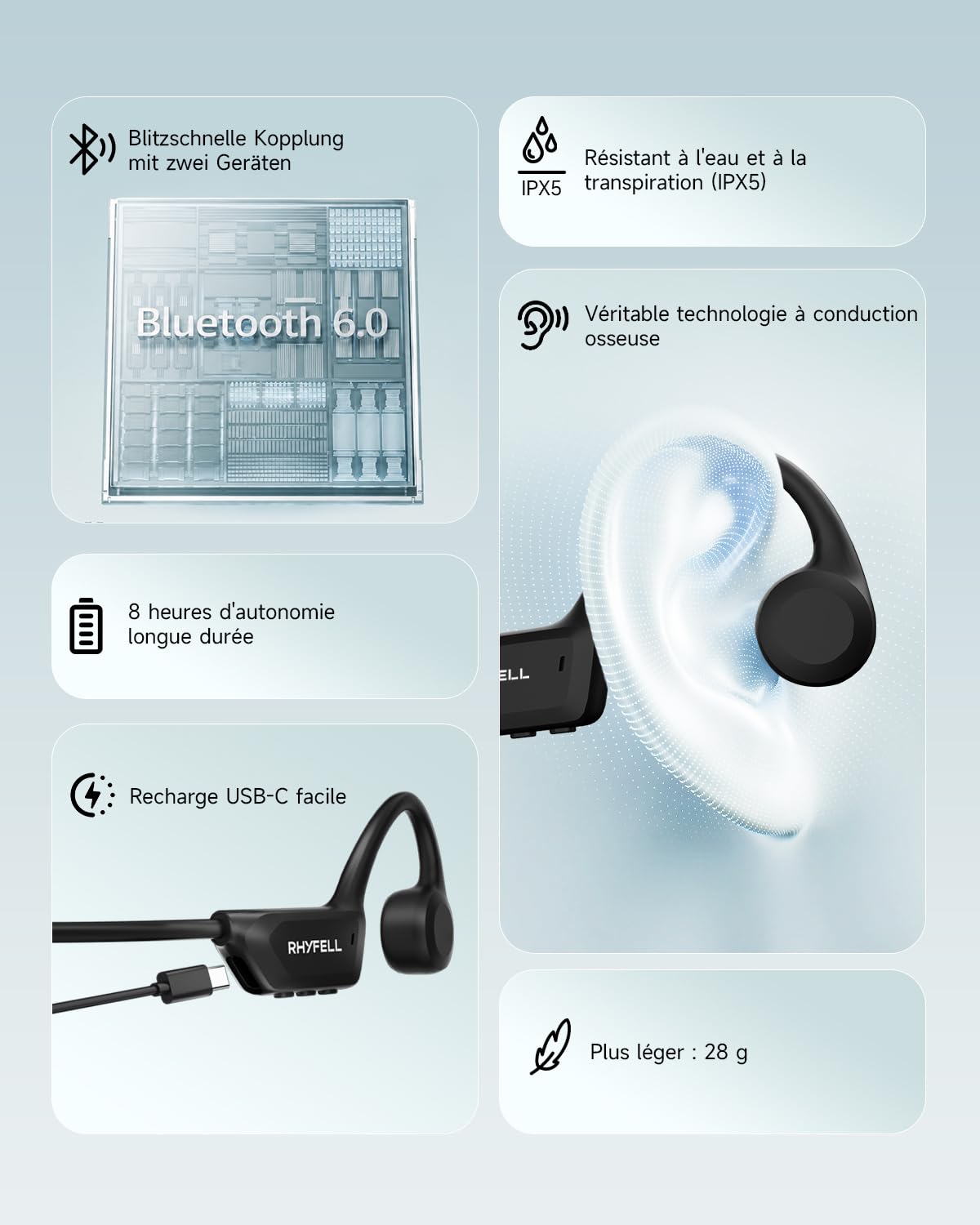 Knochenschall Kopfhörer, Sportkopfhörer Bluetooth 6.0, 8 Std Spielzeit, 28g Ultraleicht, USB-C, Geeignet für Laufen, Fitness, Schwarz