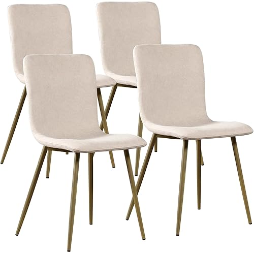 FurnitureR Modern Style Dining Chairs Set of 4, Comfy Side Chair with Fabric Seat Sturdy Metal Gold Legs for Kitchen Living Room Bedroom, Beige