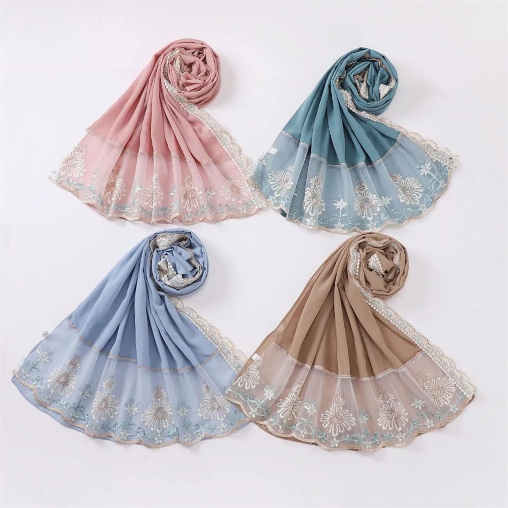 Bufanda de gasa de 70 x 175 cm, chal largo con encaje bordado floral para mujeres musulmanas musulmanas