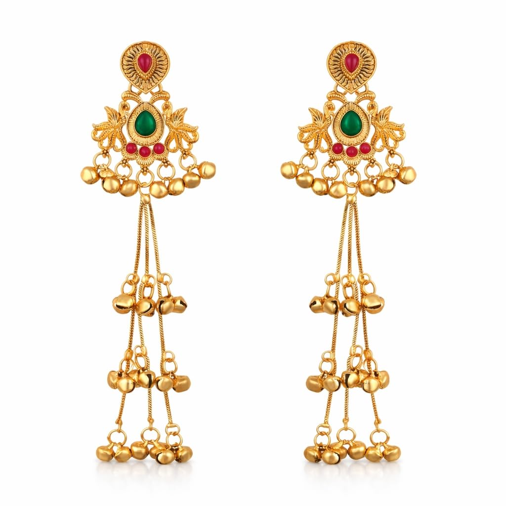 Kashmiri Ghungroo Earrings for Women & Girls | Latest Stylish Traditional Long 22k Gold Plated Wedding Party Jewellery-image-47
