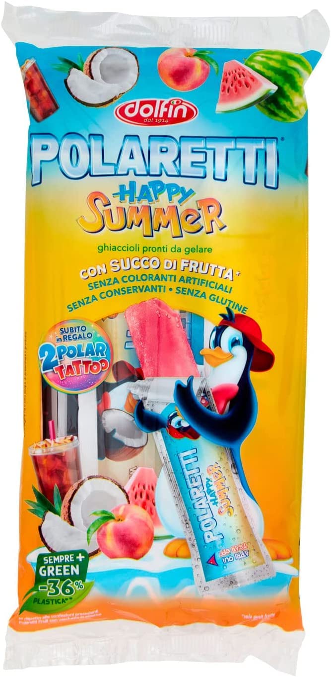 4X Dolfin Polaretti Happy Summer Nuovi Ghiaccioli al Gusto di Pesca, Anguria, Cocco e Cola 420ml (2024)