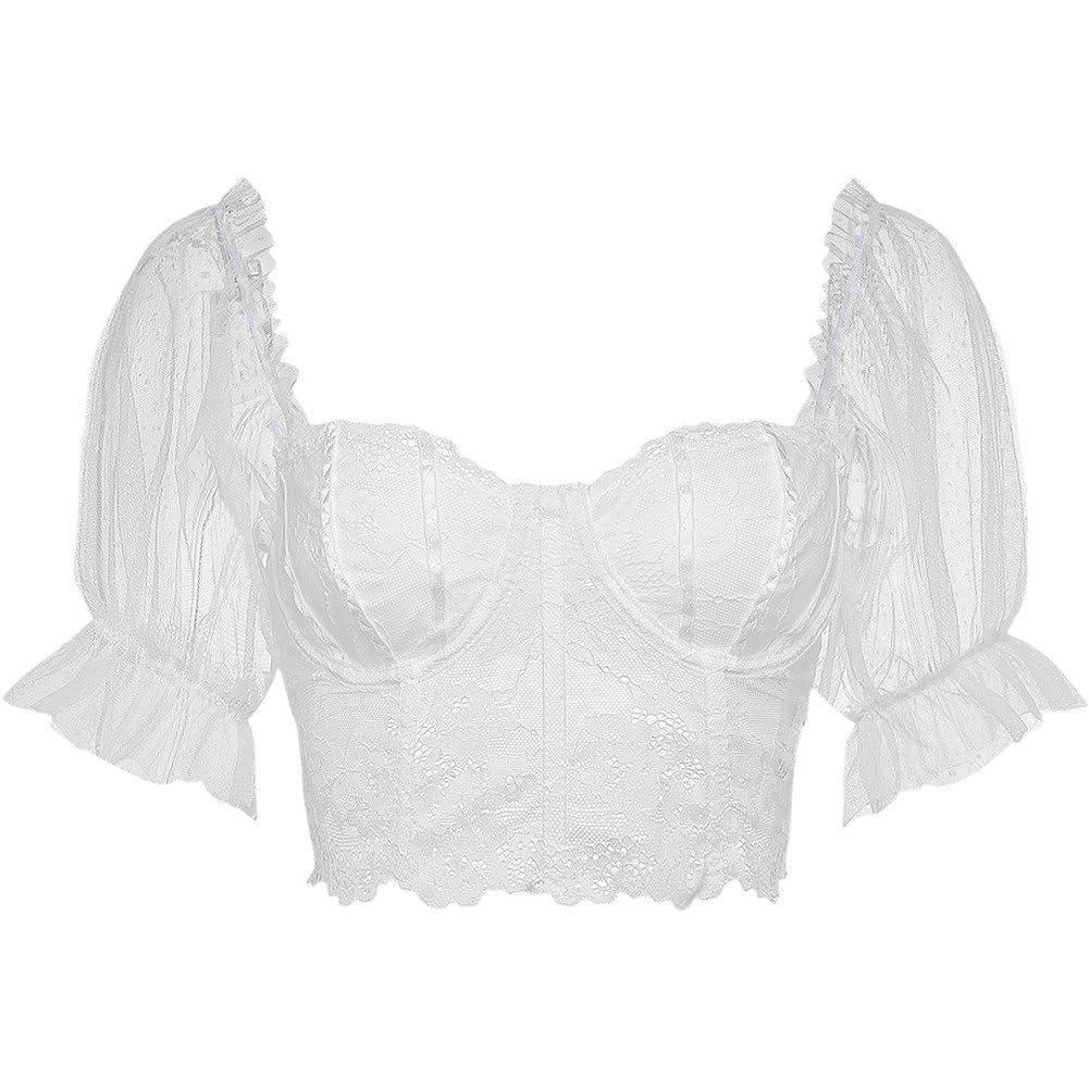 Sslvya Women German Dirndl Blouse Bavarian Oktoberfest Costume Beer Festival Short Sleeve White Lace Dirndl Shirts Crop Tops