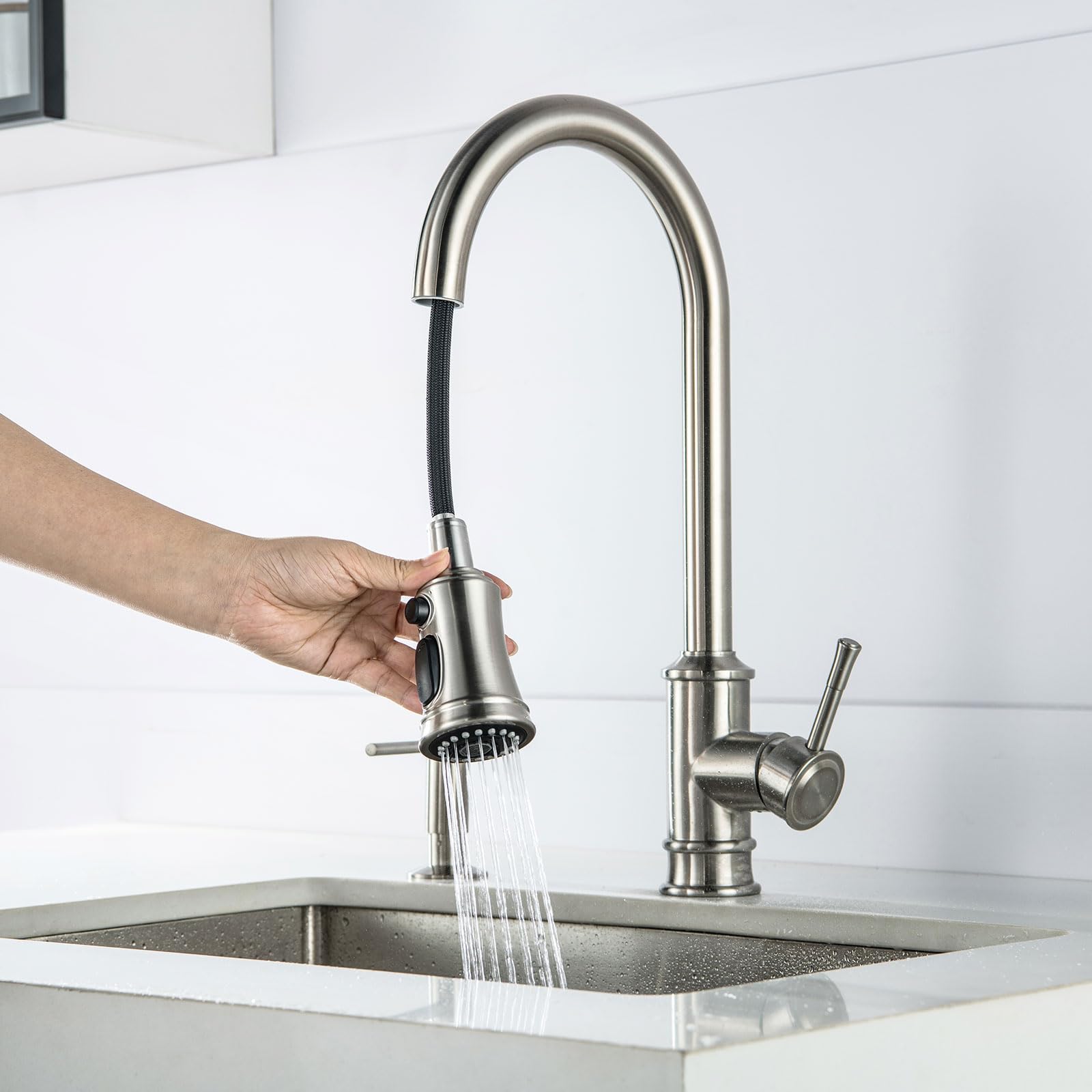 Wasserhahn Küche Vintage Brause Ausziehbar, Küchenarmatur mit 3 Strahlarten | Wasserhahn Armatur Küche LakeBayMZC Spültischarmatur 360° Drehung, 304 Edelstahl Gebürstet für Modernen Küchen Bad und Bar