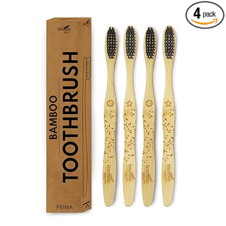 Imvelo Bamboo Toothbrush | Charcoal Activated Soft Bristles | Adult Pack of 4 | Biodegradable & Eco-friendly wooden tooth brush Combo Pack Offer (Adult, 4)