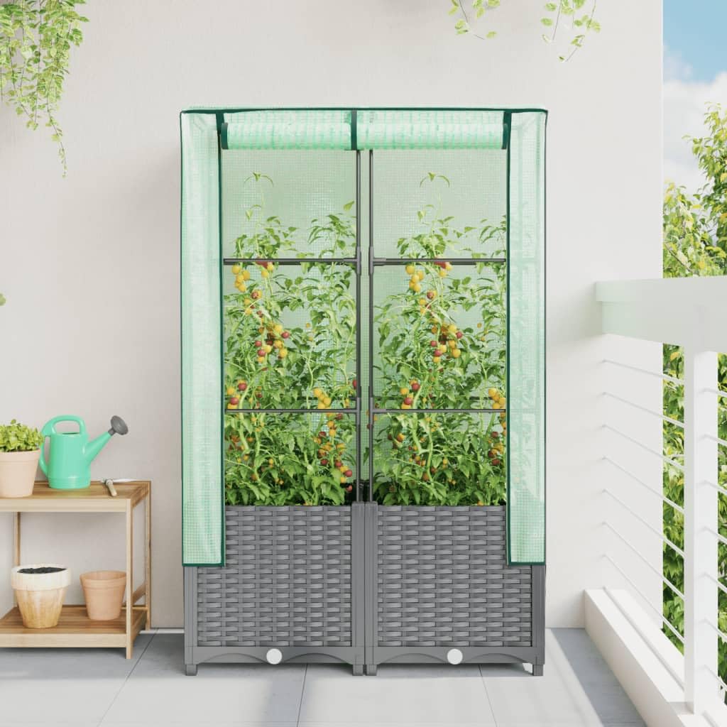 Homgoday Hochbeet mit Gewächshaus-Aufsatz Pflanzkasten Gemüsebeet Blumenbeet Blumenkasten Gartenbeet Pflanzbeet Frühbeet für Balkon Garten Terrasse Rattan-Optik 80x40x138 cm Hellgrau