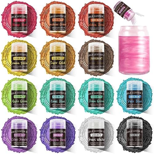 Aheroi Edible Glitter for Drinks, Luster Dust Edible Set 15 Colors