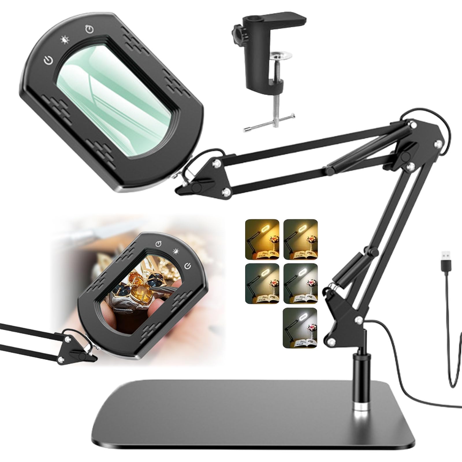 15X Rectangle Magnifying Glass With Light And Stand, Magnifying Glasses For Reading Hobbies, 5 Color Modes Stepless Dimmable, Usb Power, for Reading Crafts Repair Painting Close Work