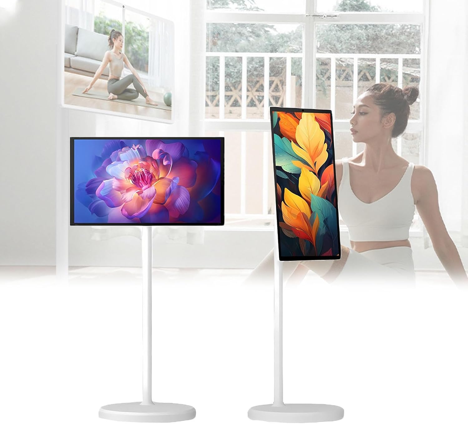 Wireless Portable Smart TV with Touch Screen, 21.5” Android Display, 10400mah Battery, Rolling TV on Wheels for Home Gym, Classroom & Entertainment(4+64GB)