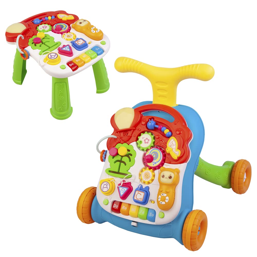 Baby Walker 12 months + Girls & Boys - 2in1 Activity Center with Wheels for Toddlers - Sit to Stand Learning Walking Toy Light Weight with Beads, Sound, Music - Baby Essentials & Birthday Gifts