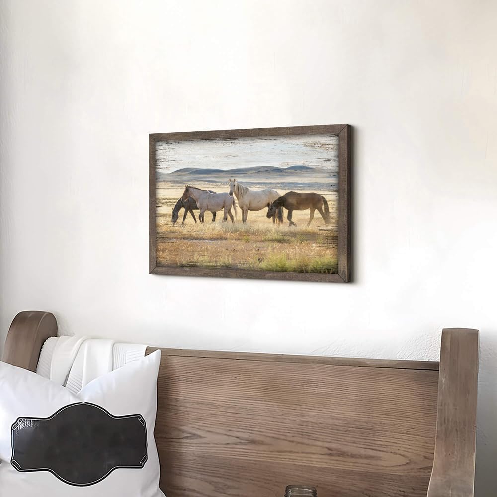 Wild Horses Wall Art Framed: Wildlife Animals Pictures Horse Artwork Painted Wood Painting for Bedroom(12x16)