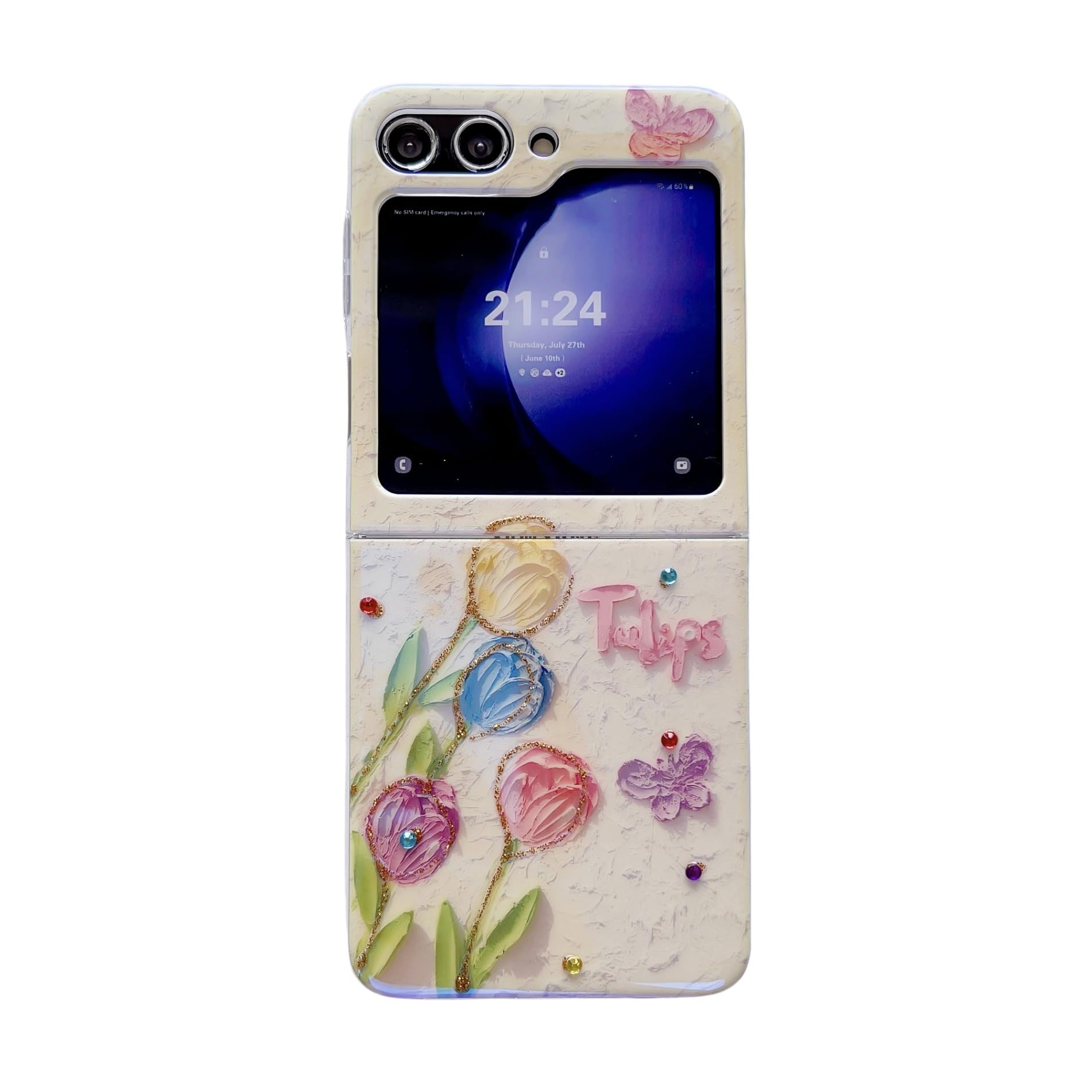 Colorful Retro Oil Painting Butterfly & Tulips Pattern Case for Samsung Galaxy Z Flip 5 - Stylish PC Protective Cover with Luxury Rhinestone for Girls