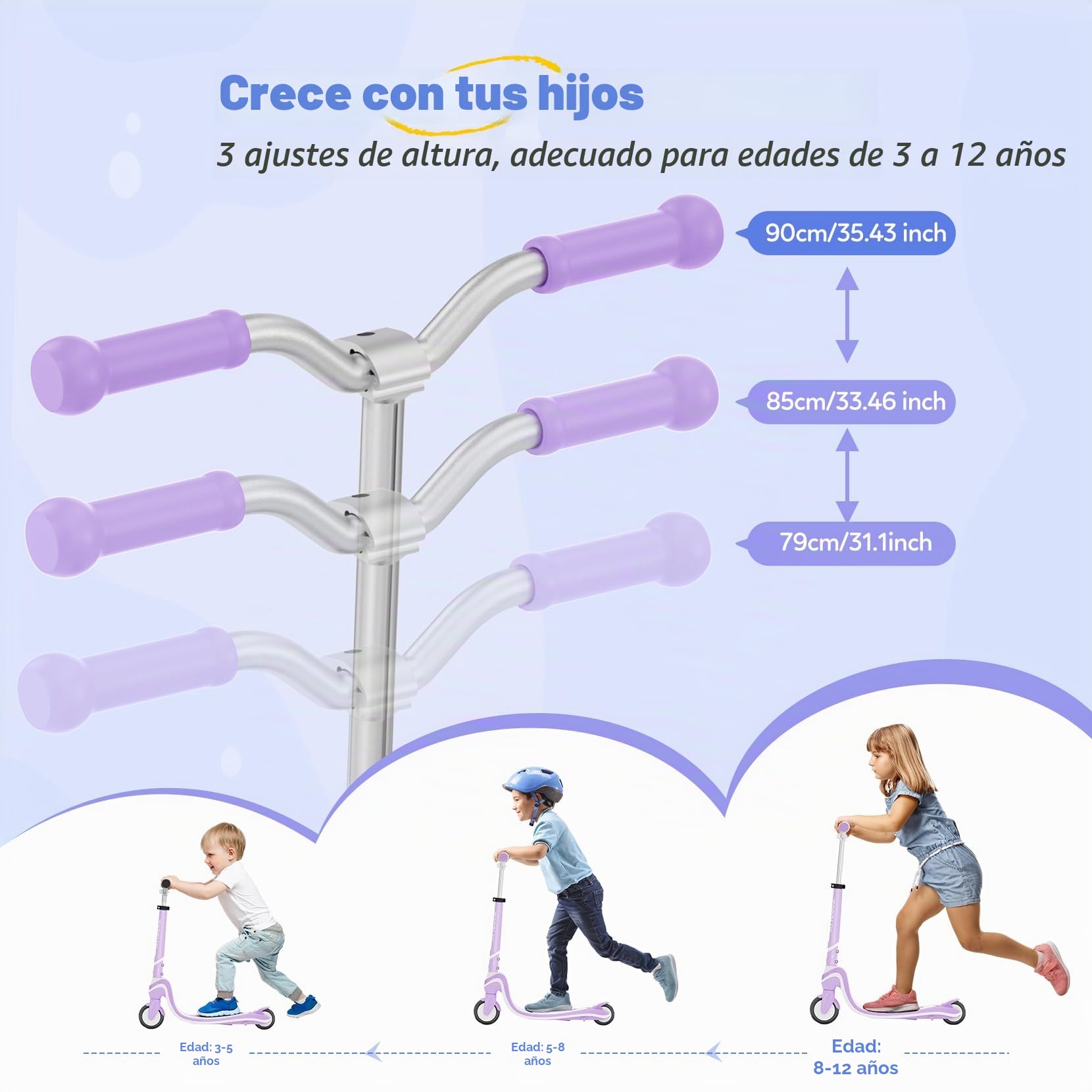 TONBUX Patinete Niños de 3 a 12 Años con Cubierta Iluminada y Ruedas de Poliuretano, 3 Niveles de Altura Ajustable con Soporte, Ligero, Patinete para Niños de 3 Años