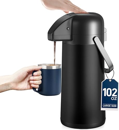 Jarra de café para mantener el calor, dispensador de café Airpot de 102 onzas  3 litros con bomba, termo de café grande para bebidas calientes, té