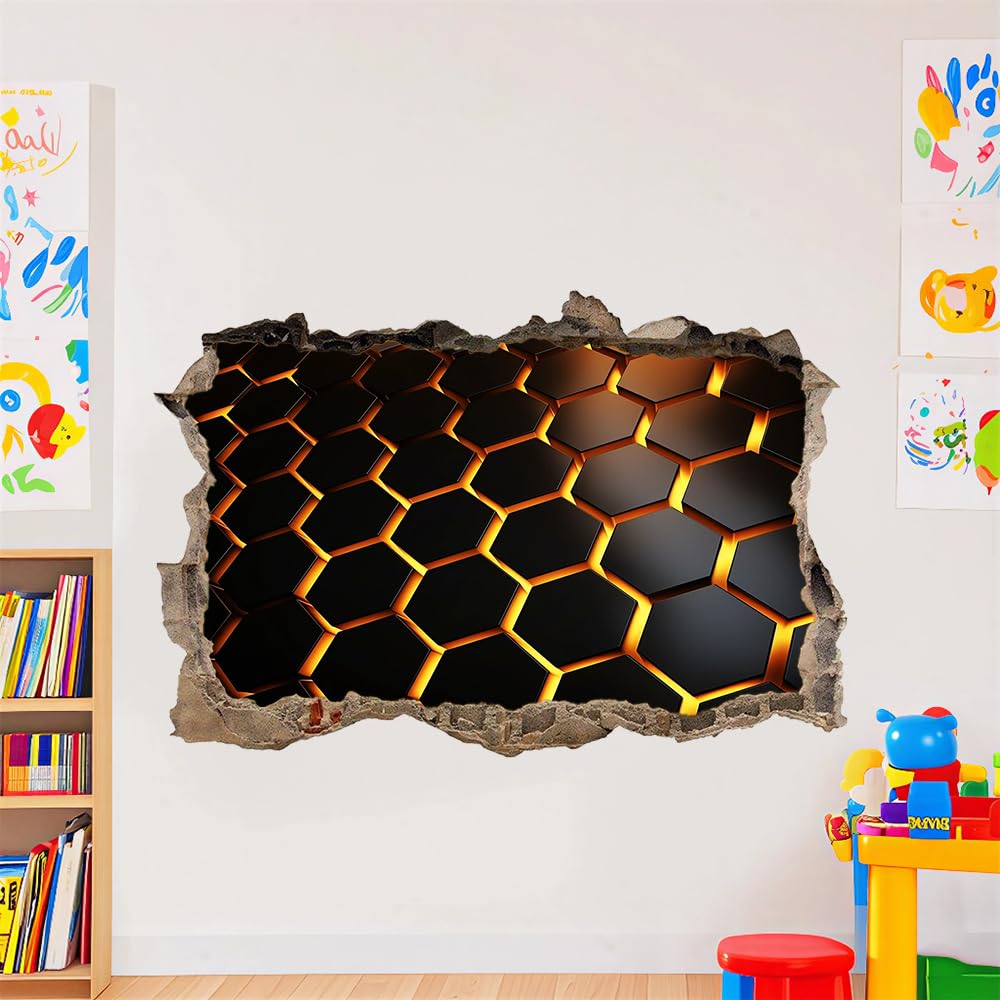3D Durchbruch Wandtattoo Mädchen Kinderzimmer Wabenförmige Geometrie Wandaufkleber Dekorative Schwarz Und Gold Wandsticker für Junge Teenager Zimmer Wohnzimmer Schlafzimmer Wandbilder Deko