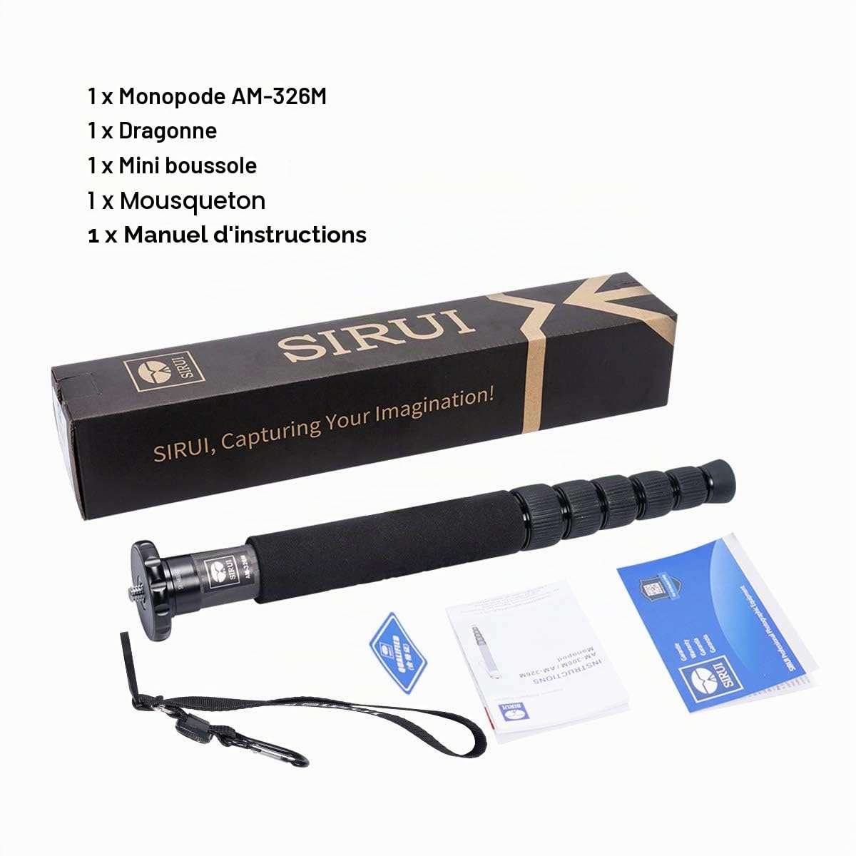 SIRUI Monopode Appareil Photo en Fibre de Carbone,6 Sections Monopode Portable, Monopod de Voyage Charge Maximale 10KG (AM-326M,Noir)