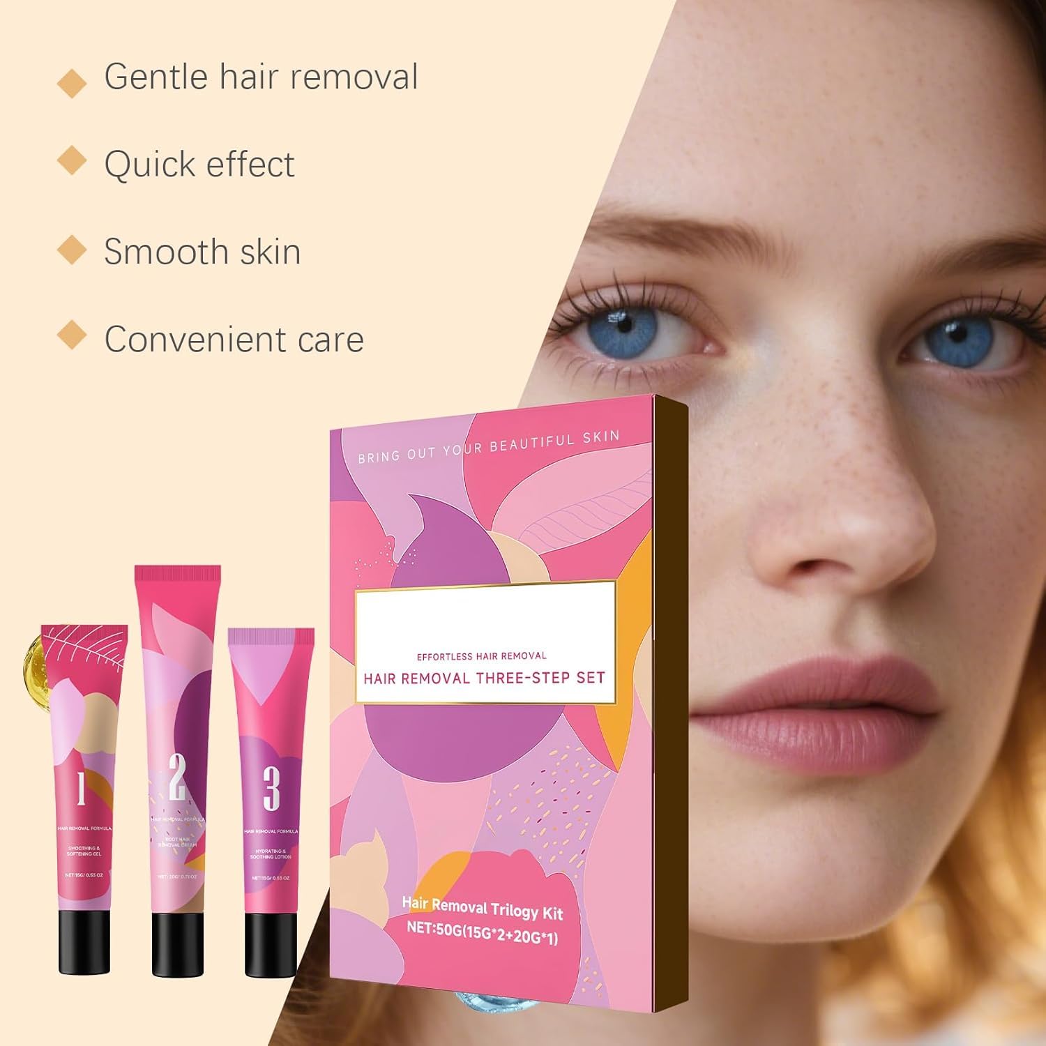 Crema depilatoria Aurlux per il viso, kit trilogia depilatoria con crema, gel levigante e lozione idratante, formula delicata per tutti i tipi di pelle,1PCS