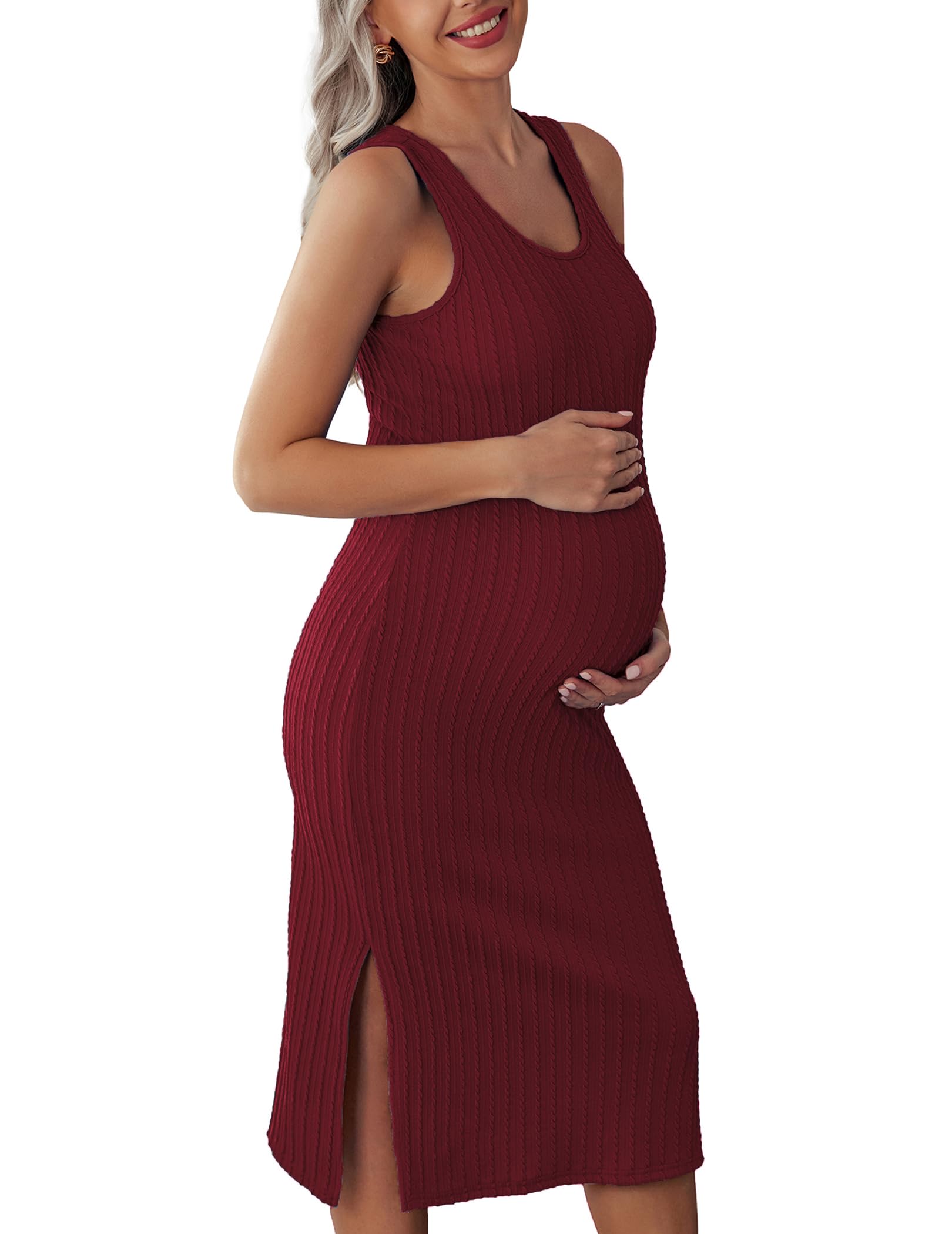 Ekouaer Women's Maternity Dress Rib Knit Sleeveless Tank Side Slit Bodycon Dresses Pregnancy Clothes S-XXL
